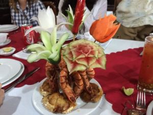 carved fruit and vegetable "bouquet" plus crab and prawns!